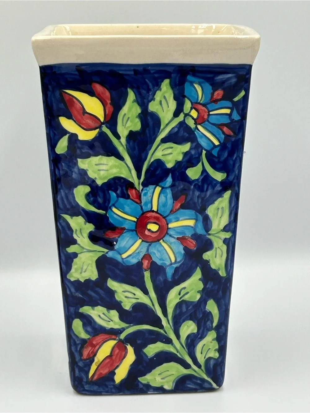 Hand-Painted Blue Floral Ceramic Vase - Decorative Home Accent
